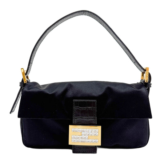 Baguette Rhinestone Buckle Black Satin Shoulder Bag