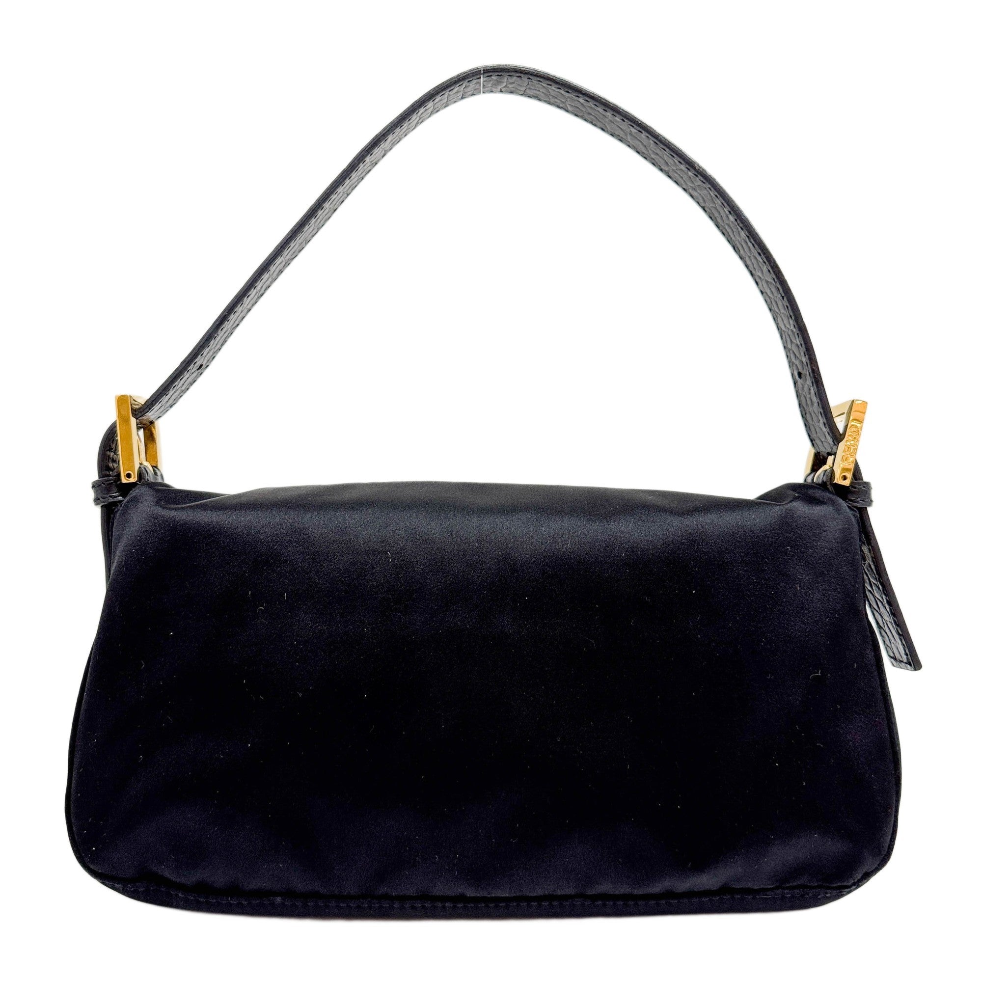 Baguette Rhinestone Buckle Black Satin Shoulder Bag