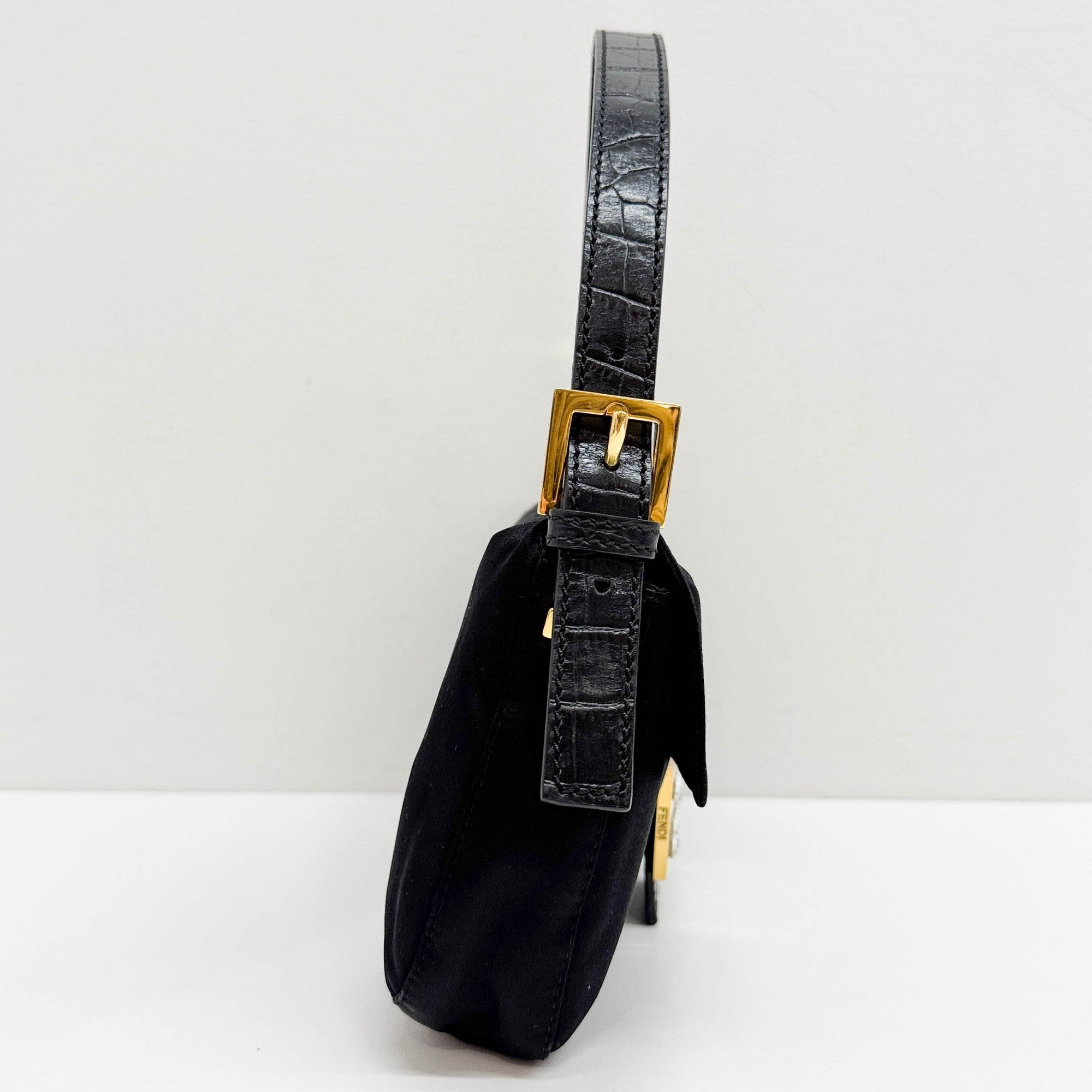 Baguette Rhinestone Buckle Black Satin Shoulder Bag