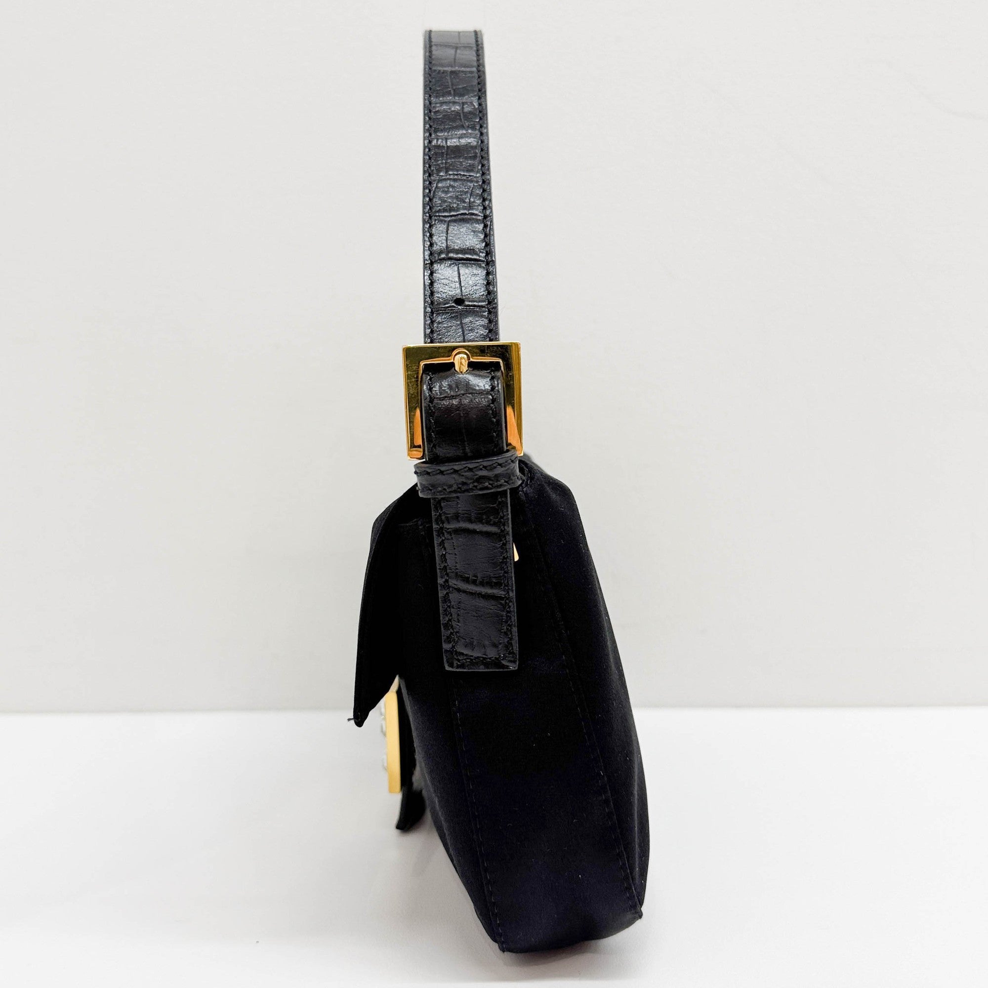 Baguette Rhinestone Buckle Black Satin Shoulder Bag