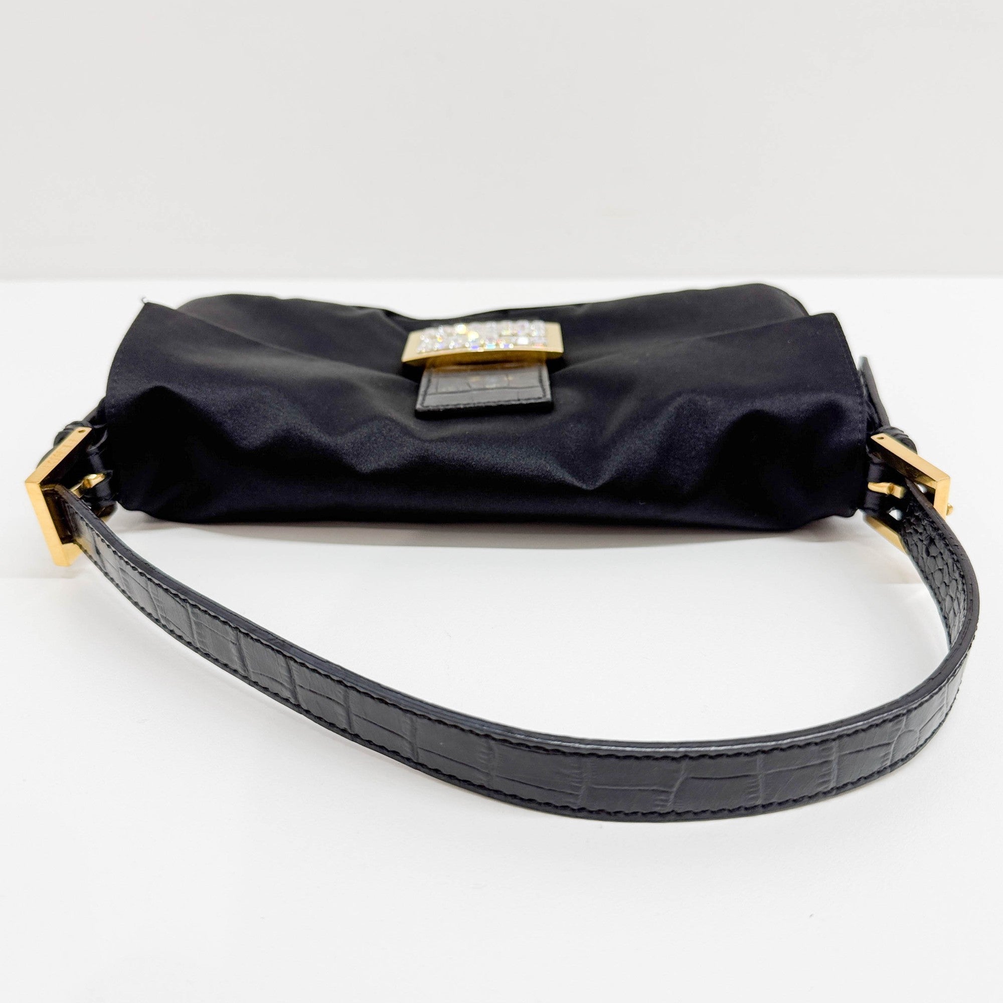 Baguette Rhinestone Buckle Black Satin Shoulder Bag