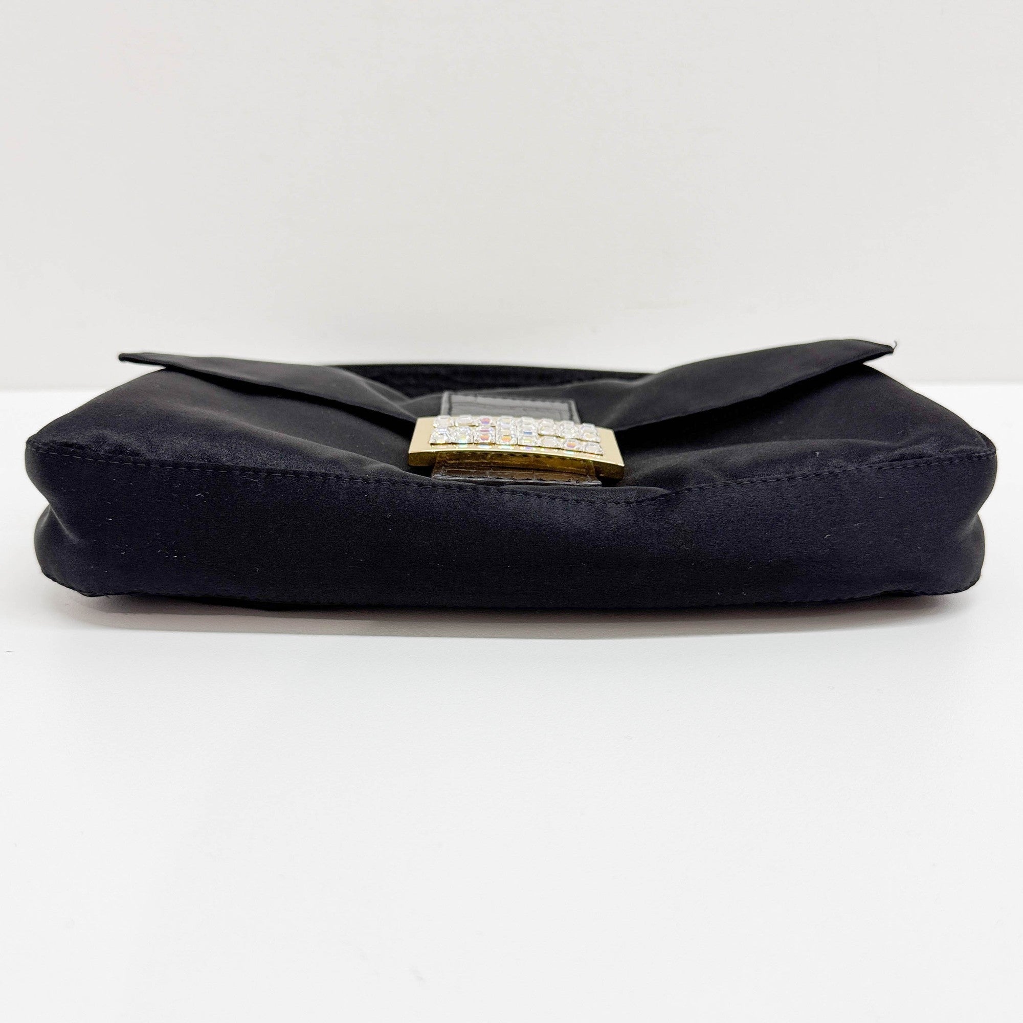 Baguette Rhinestone Buckle Black Satin Shoulder Bag