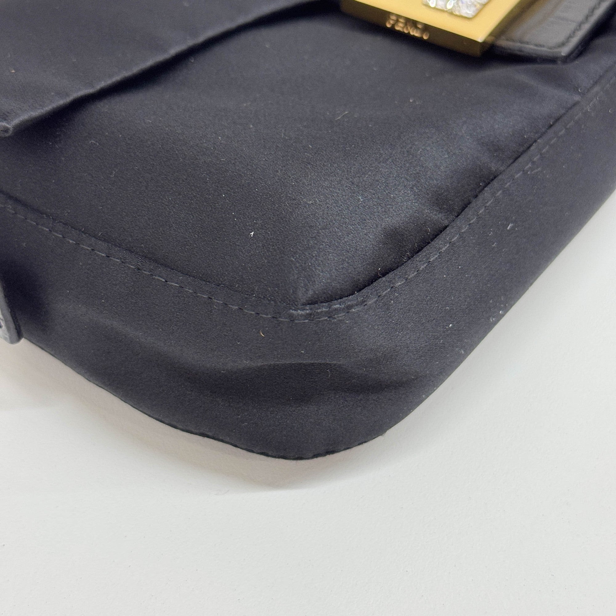 Baguette Rhinestone Buckle Black Satin Shoulder Bag