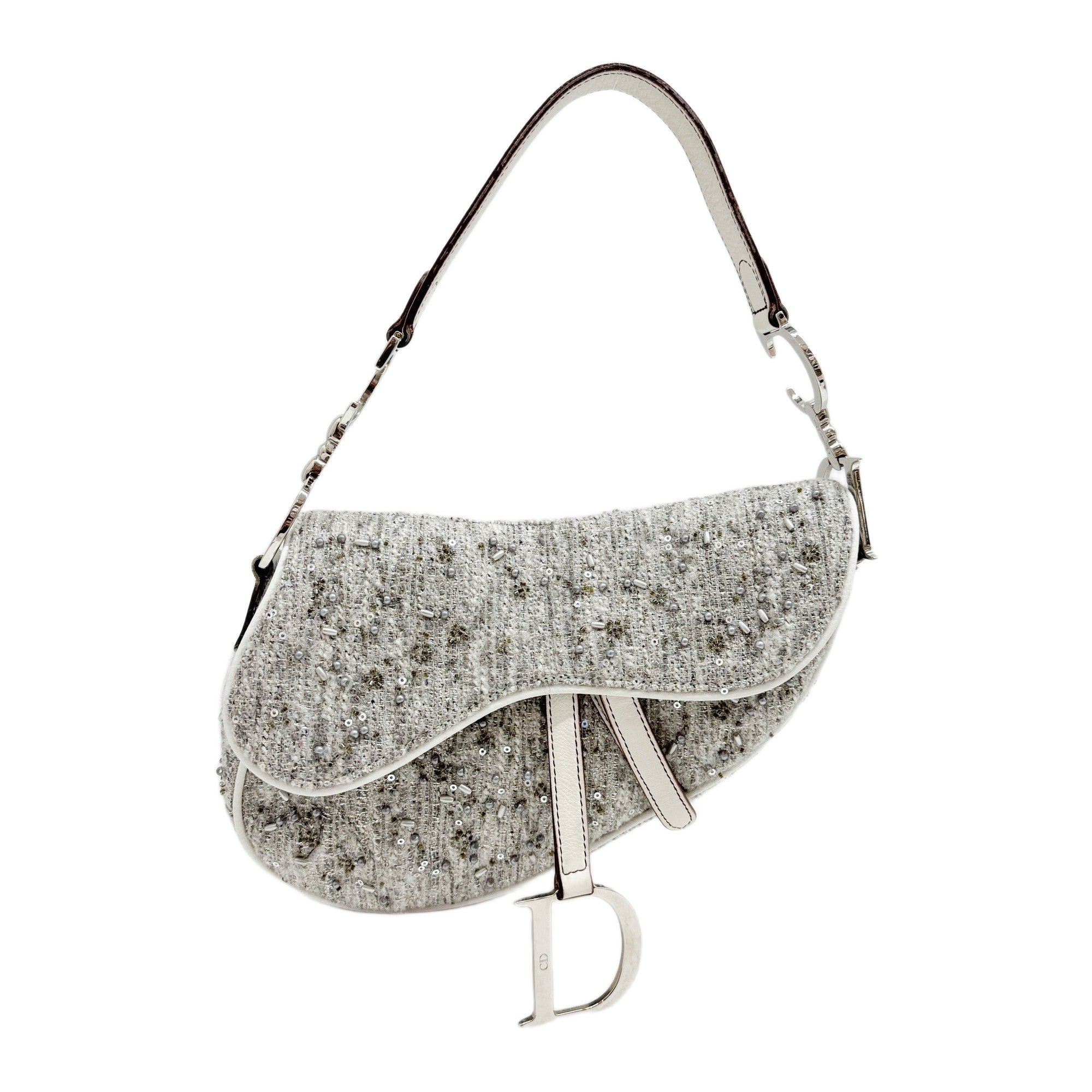 Saddle Beaded and Sequined Gray Tweed Shoulder Bag