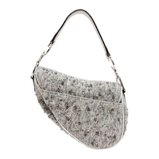 Saddle Beaded and Sequined Gray Tweed Shoulder Bag