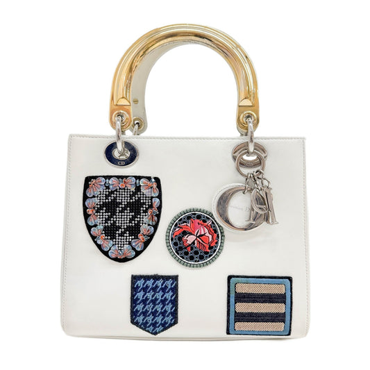 Lady Dior Patchwork White Leather Hand Bag