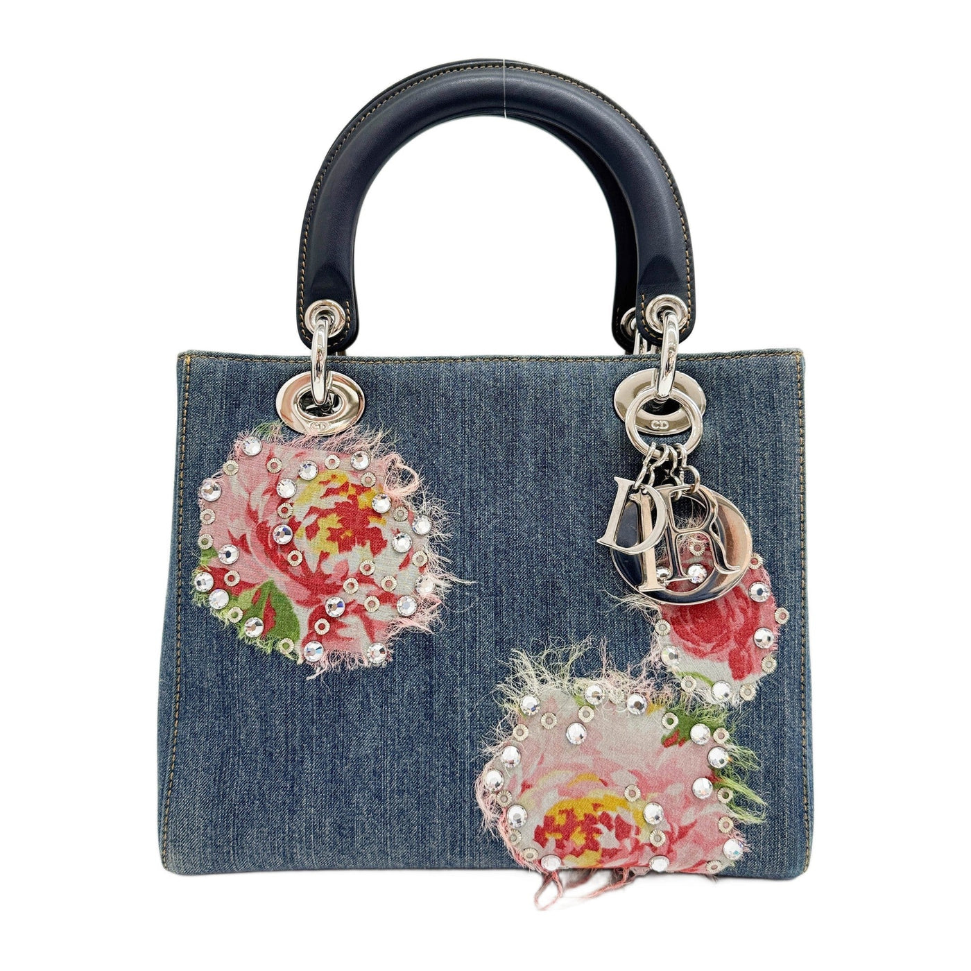 Lady Dior Rhinestone Floral Patchwork Blue Denim Hand Bag