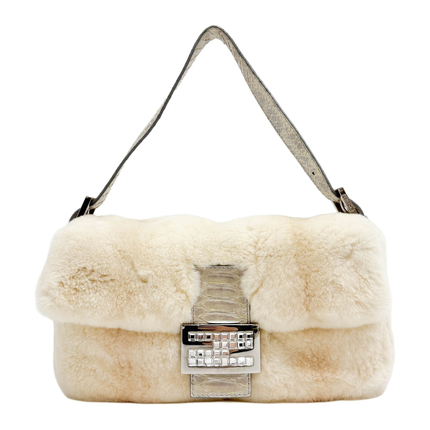 Baguette Pearl White Rabbit Fur with Python Embossed Leather Shoulder Bag