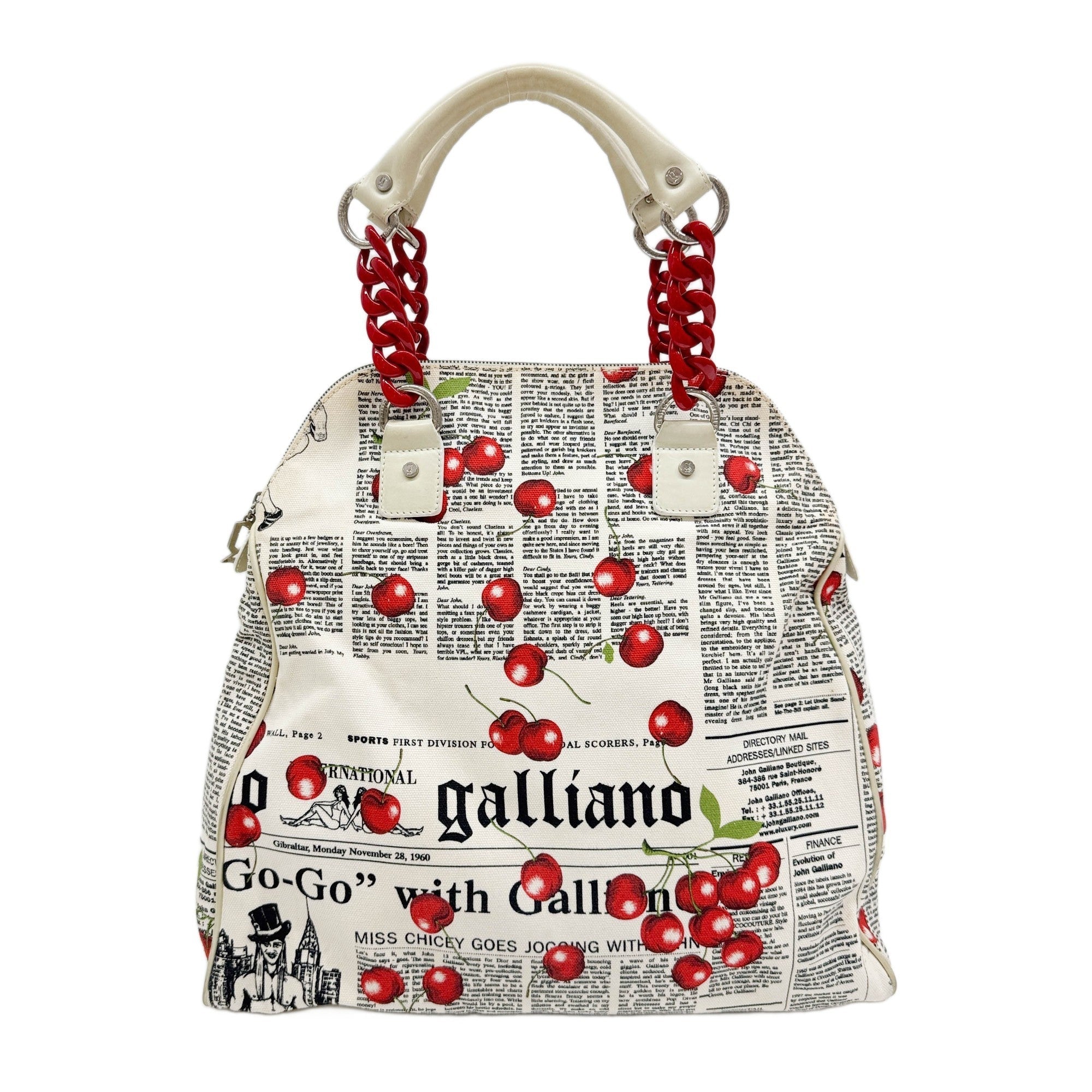 Beige Newspaper and Cherry Print Canvas Tote Bag