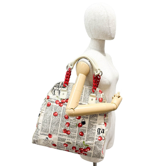 Beige Newspaper and Cherry Print Canvas Tote Bag