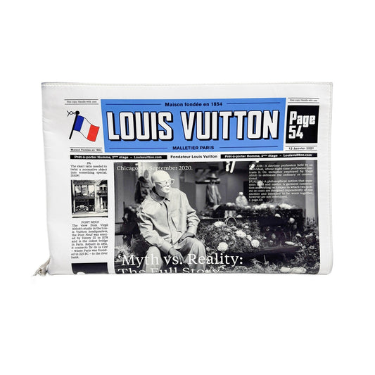 Large Newspaper Print Calfskin Pouch