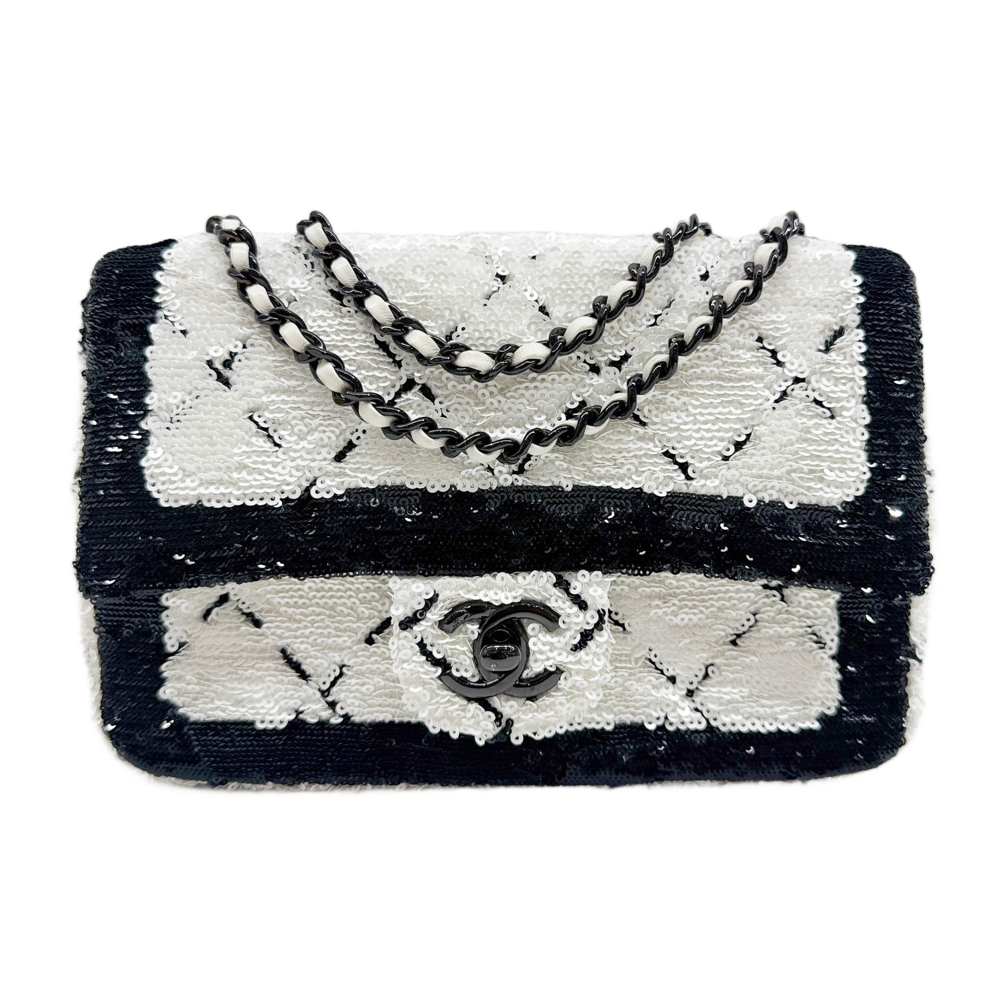 Mini Classic Flap 2021-2026 Black & White Sequin Shoulder Bag