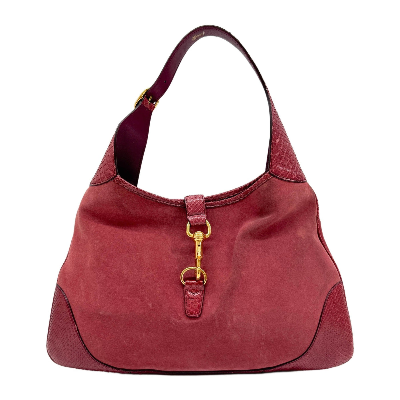 Jackie Python Embossed Leather Trim Red Suede Shoulder Bag
