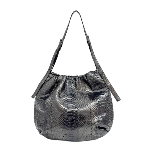 Metalic Grey Python Embossed Leather Shoulder Bag