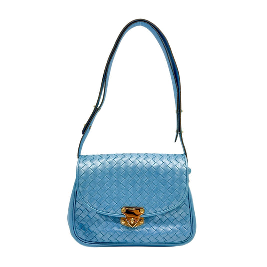 Turn Lock Blue Intrecciato Leather Shoulder Bag