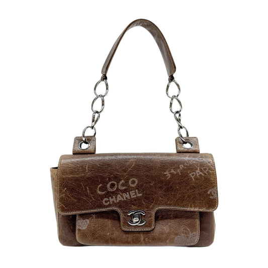 Mademoiselle Flap Graffiti Brown Leather Shoulder Bag