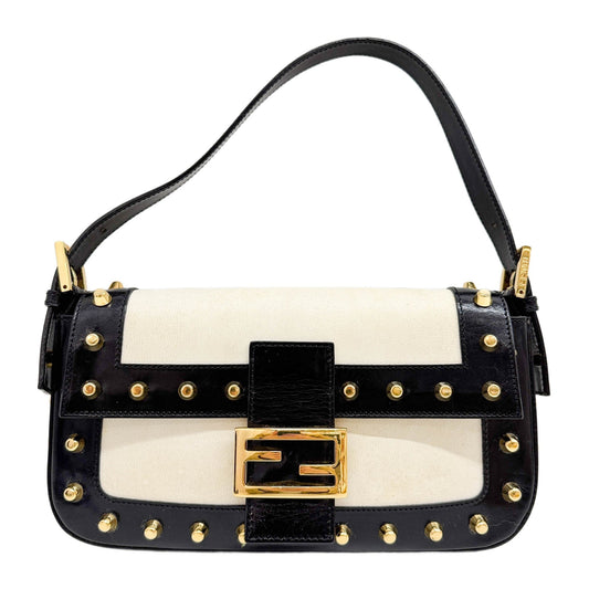 Baguette Studded Black & White Leather Shoulder Bag