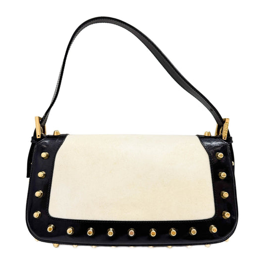 Baguette Studded Black & White Leather Shoulder Bag