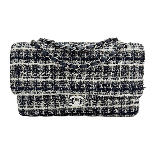 Classic Double Flap Matelasse Black & White Tweed Shoulder Bag