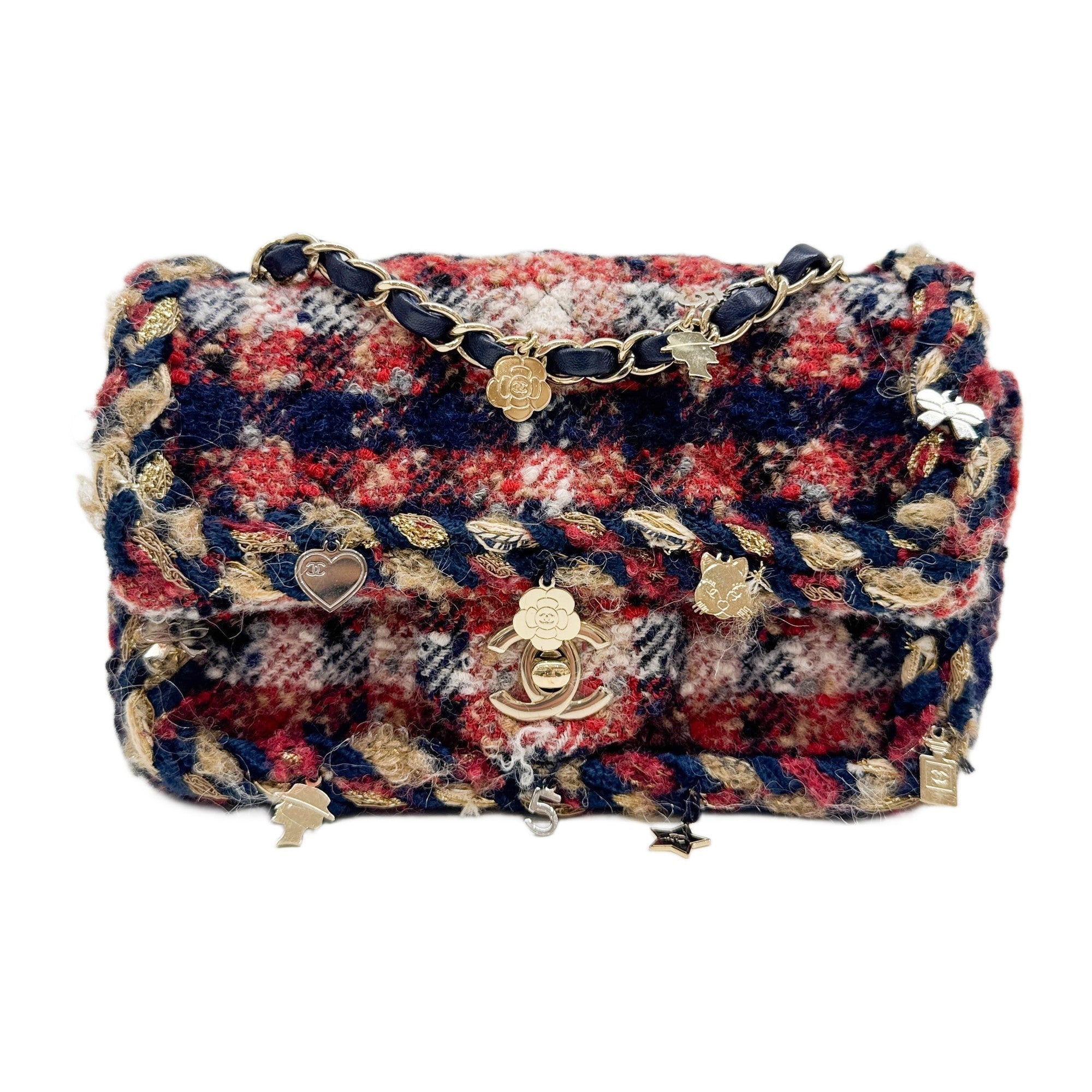 Mini Classic Flap 2017-2018 Braided Charms Matelasse Red & Blue Tweed Shoulder Bag