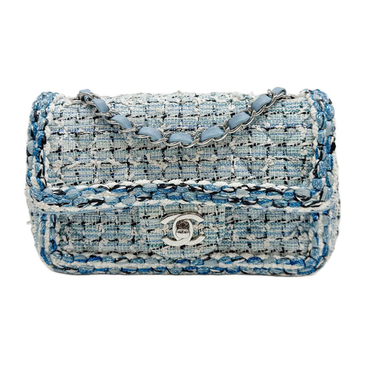 Small Classic Flap Braided Frame Matelasse Blue Tweed Shoulder Bag