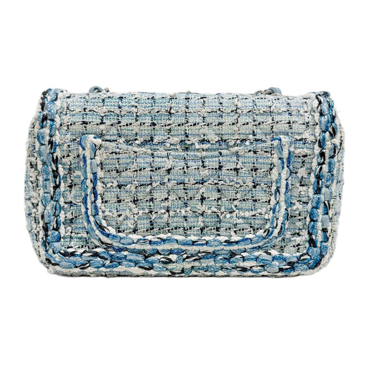 Small Classic Flap Braided Frame Matelasse Blue Tweed Shoulder Bag