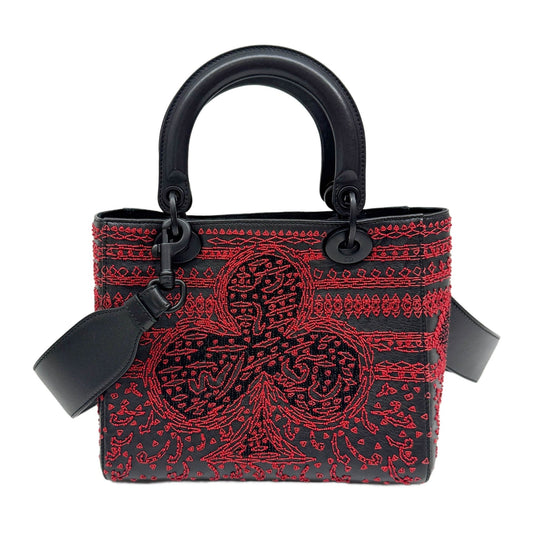 Lady Dior Embroidered Playing Cards Black Leather Two Way Bag