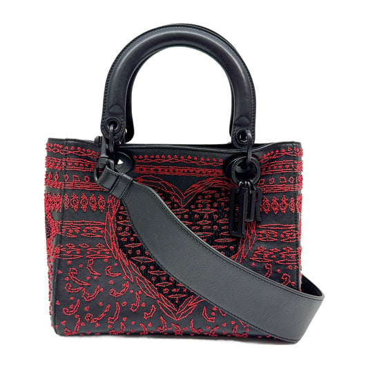 Lady Dior Embroidered Playing Cards Black Leather Two Way Bag