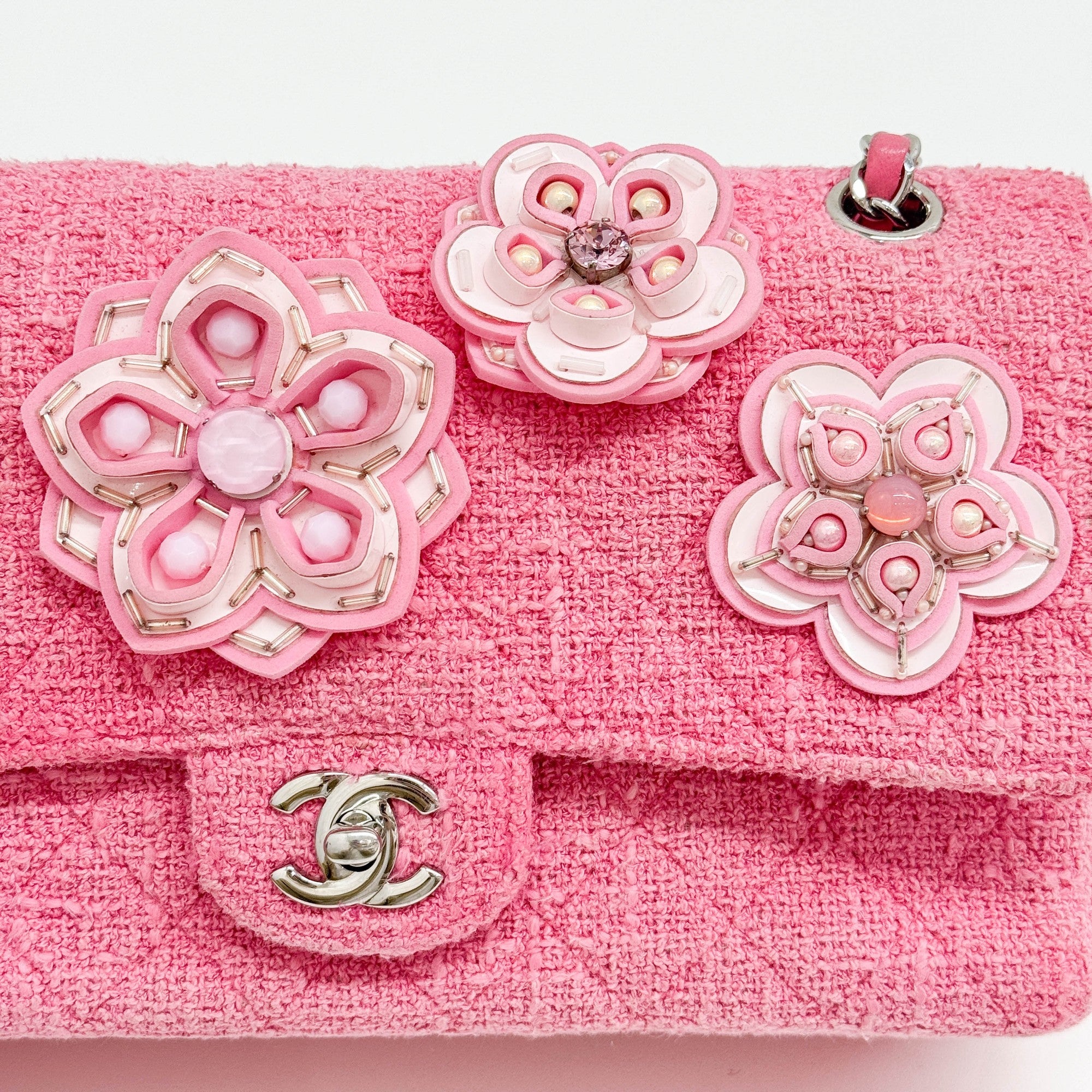 Classic Double Flap Crystal Sakura Pink Tweed Shoulder Bag