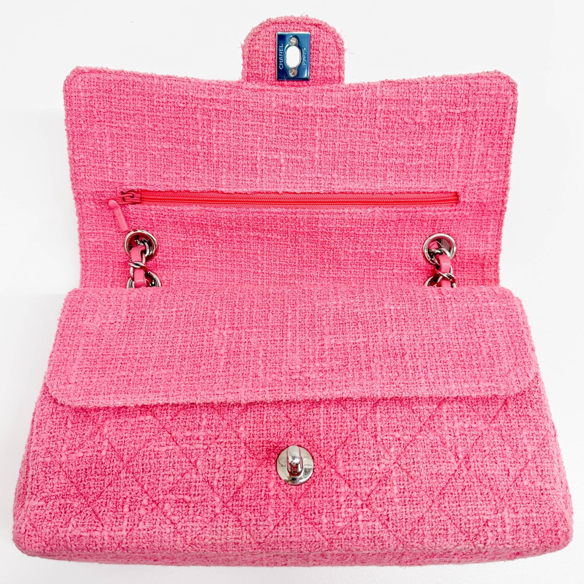 Classic Double Flap Crystal Sakura Pink Tweed Shoulder Bag