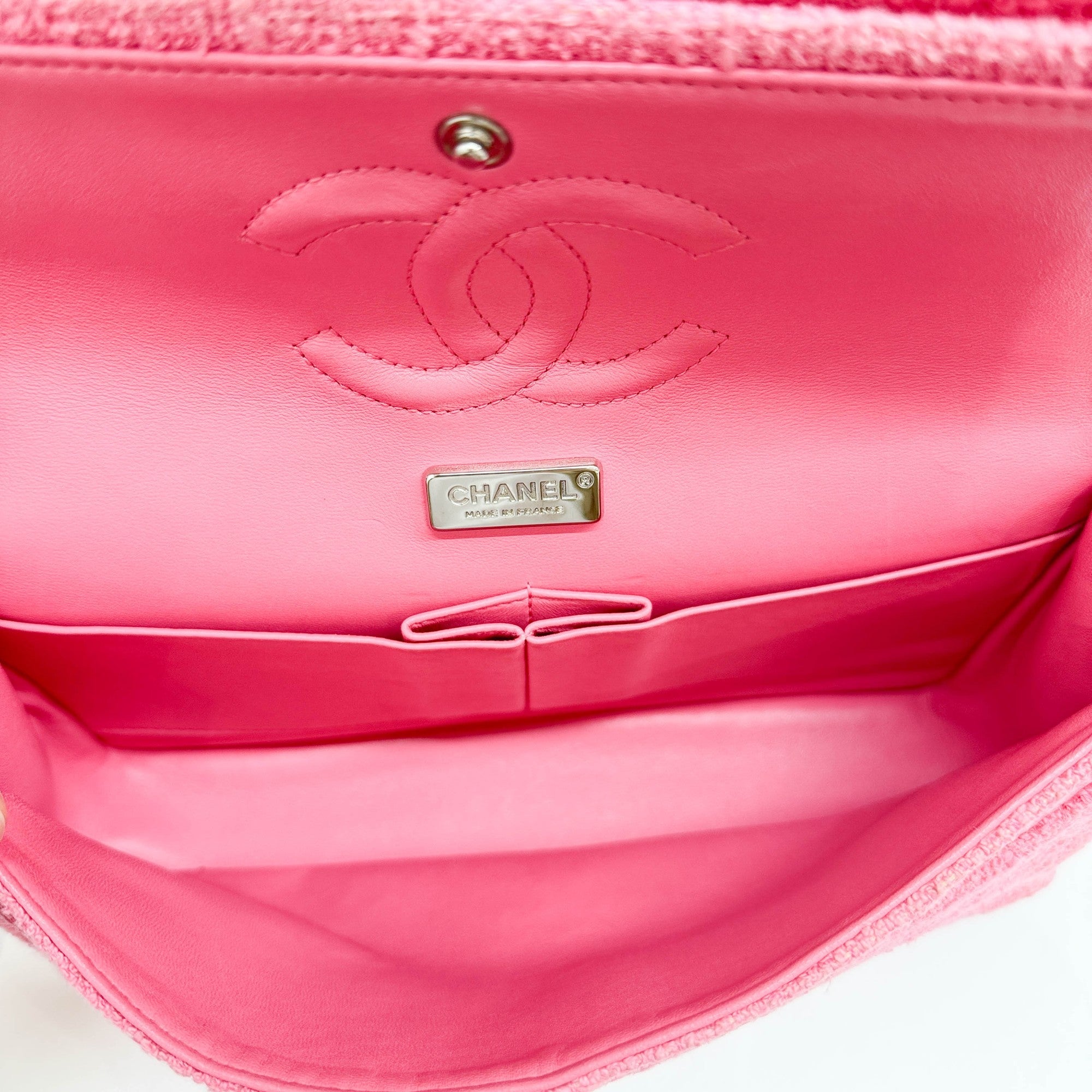 Classic Double Flap Crystal Sakura Pink Tweed Shoulder Bag