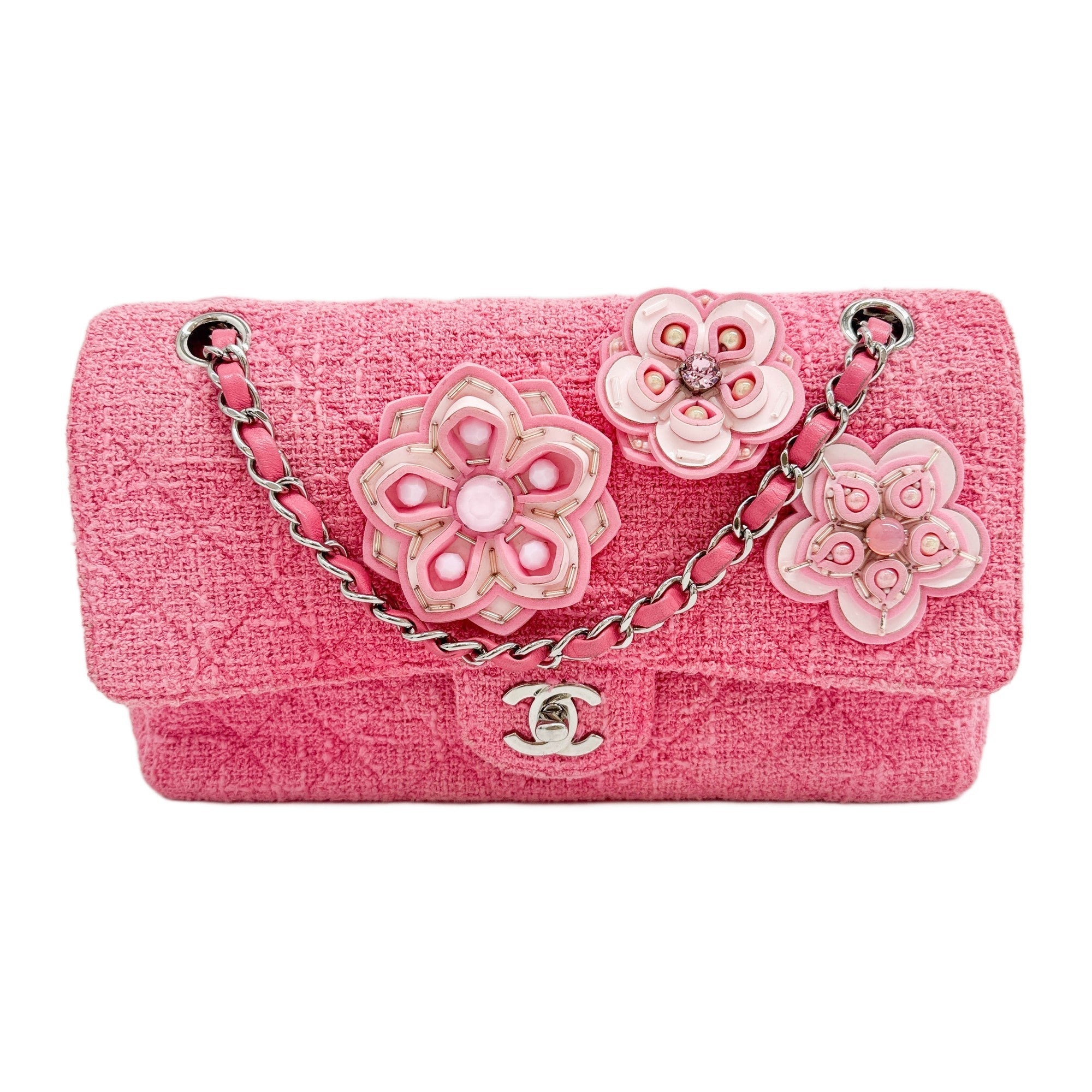 Classic Double Flap Crystal Sakura Pink Tweed Shoulder Bag
