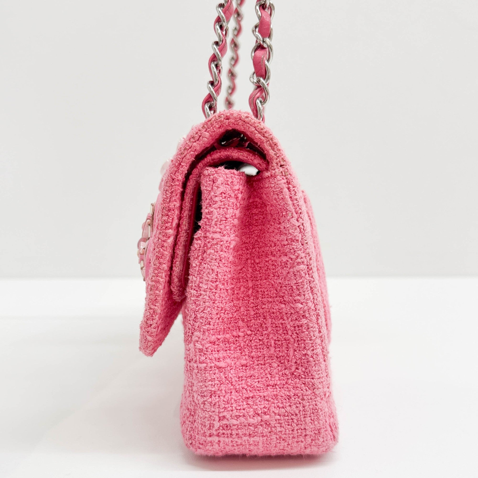 Classic Double Flap Crystal Sakura Pink Tweed Shoulder Bag