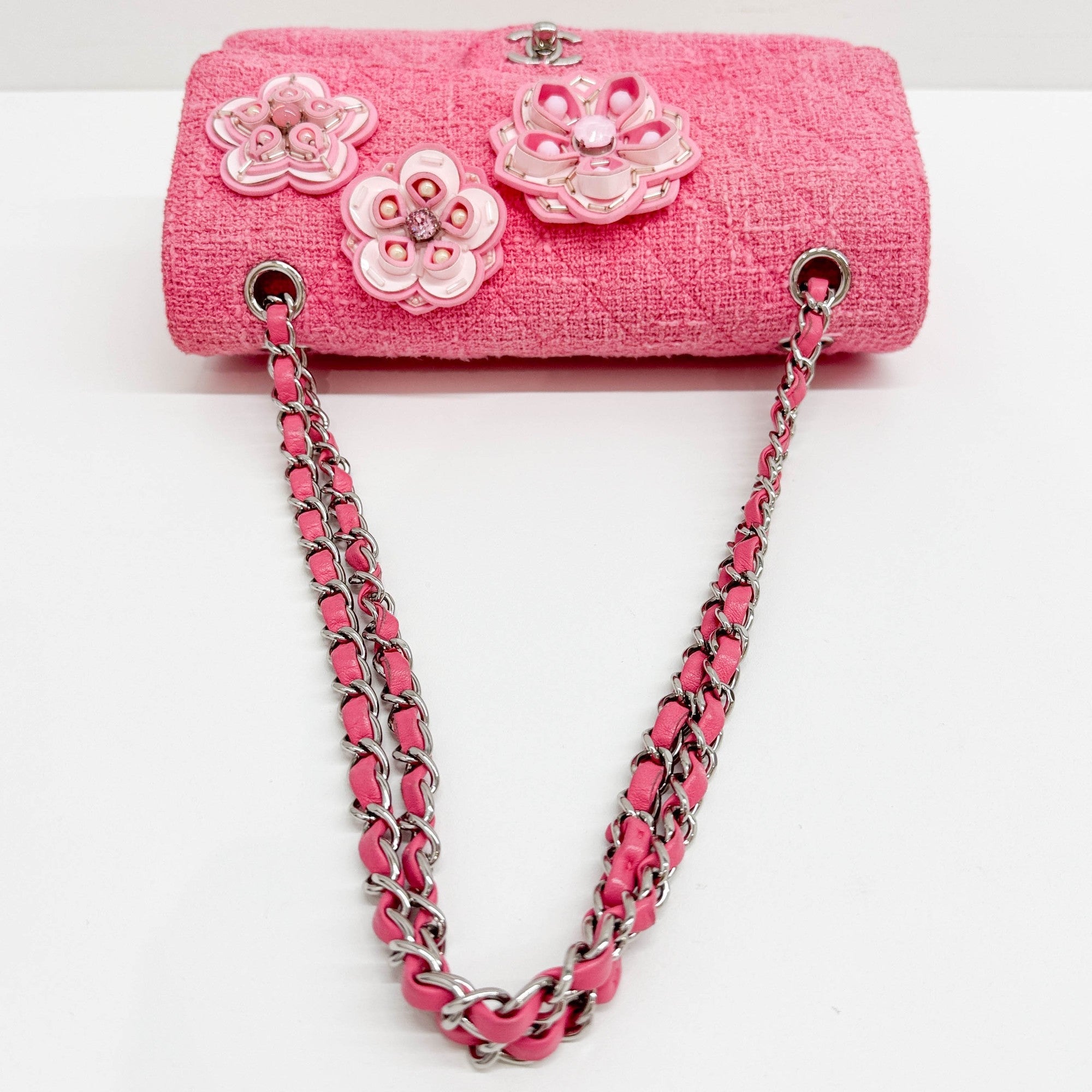 Classic Double Flap Crystal Sakura Pink Tweed Shoulder Bag