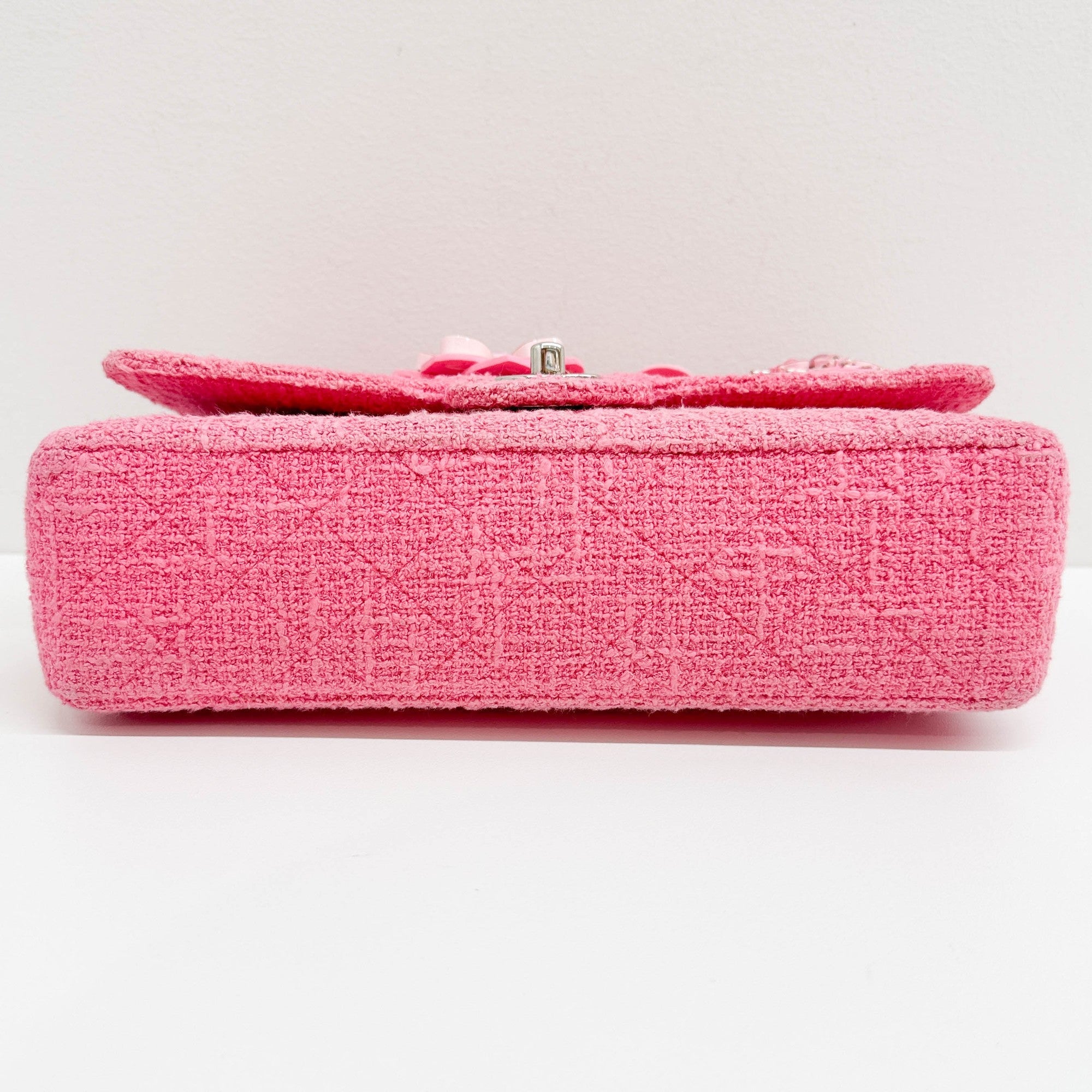 Classic Double Flap Crystal Sakura Pink Tweed Shoulder Bag