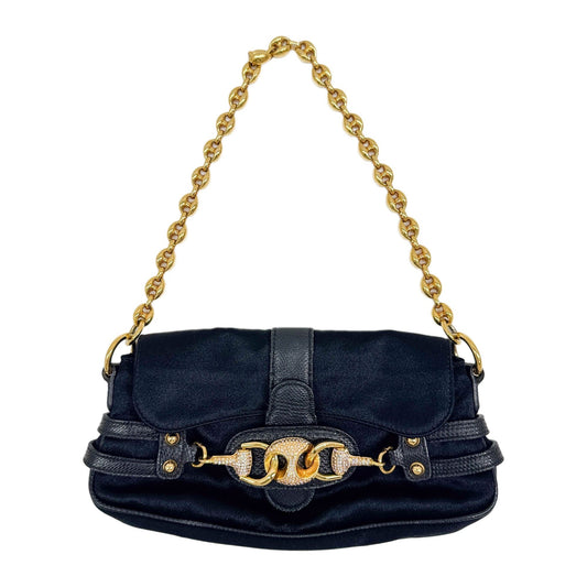 Horsebit Bejeweled Buckle Black Satin Shoulder Bag