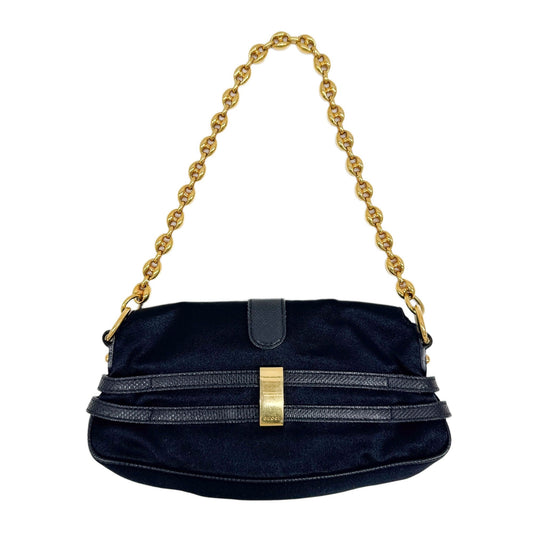 Horsebit Bejeweled Buckle Black Satin Shoulder Bag