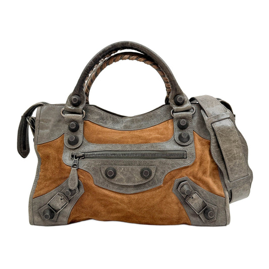 The City Brown Suede and Grey Leather Shoulder Bag