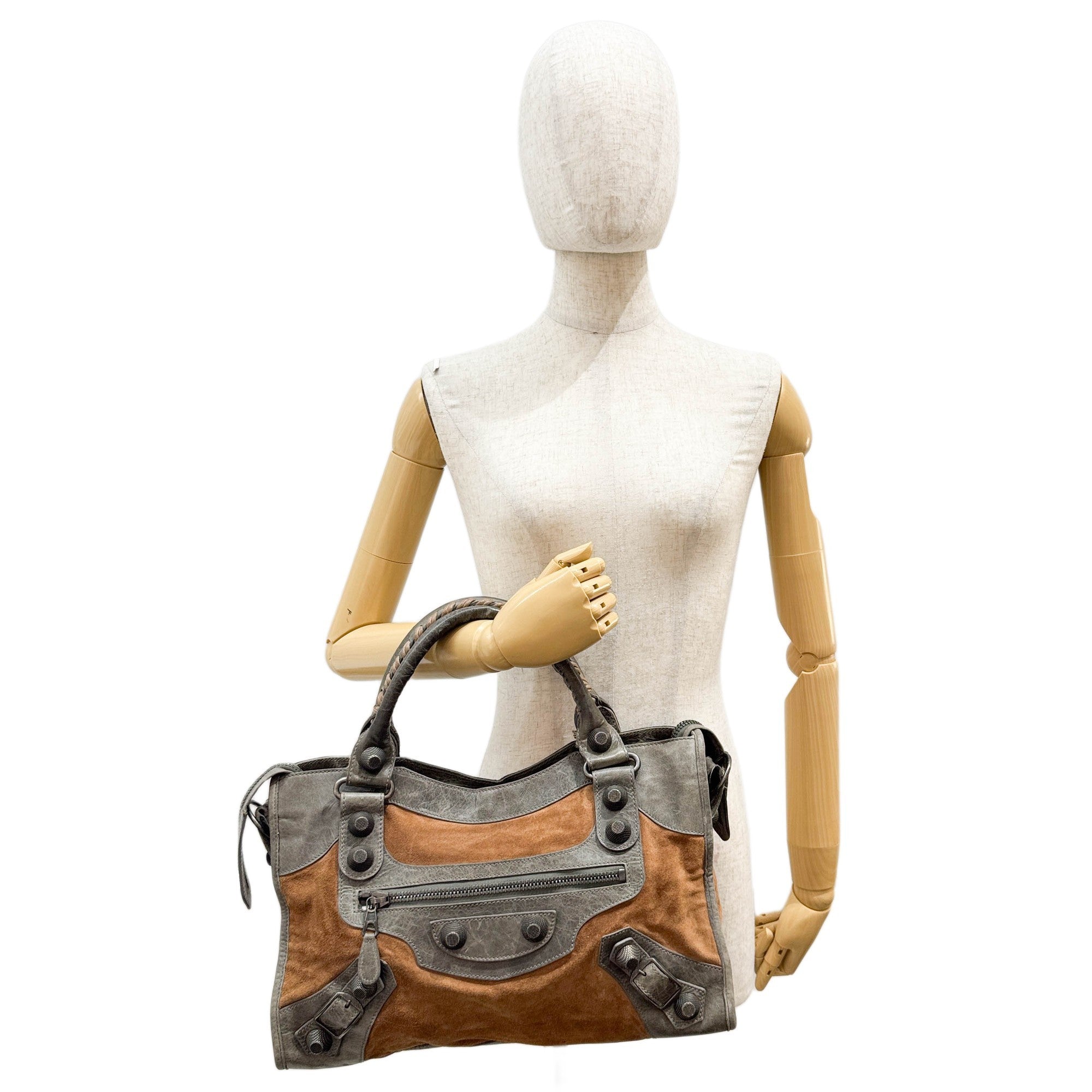 The City Brown Suede and Grey Leather Shoulder Bag