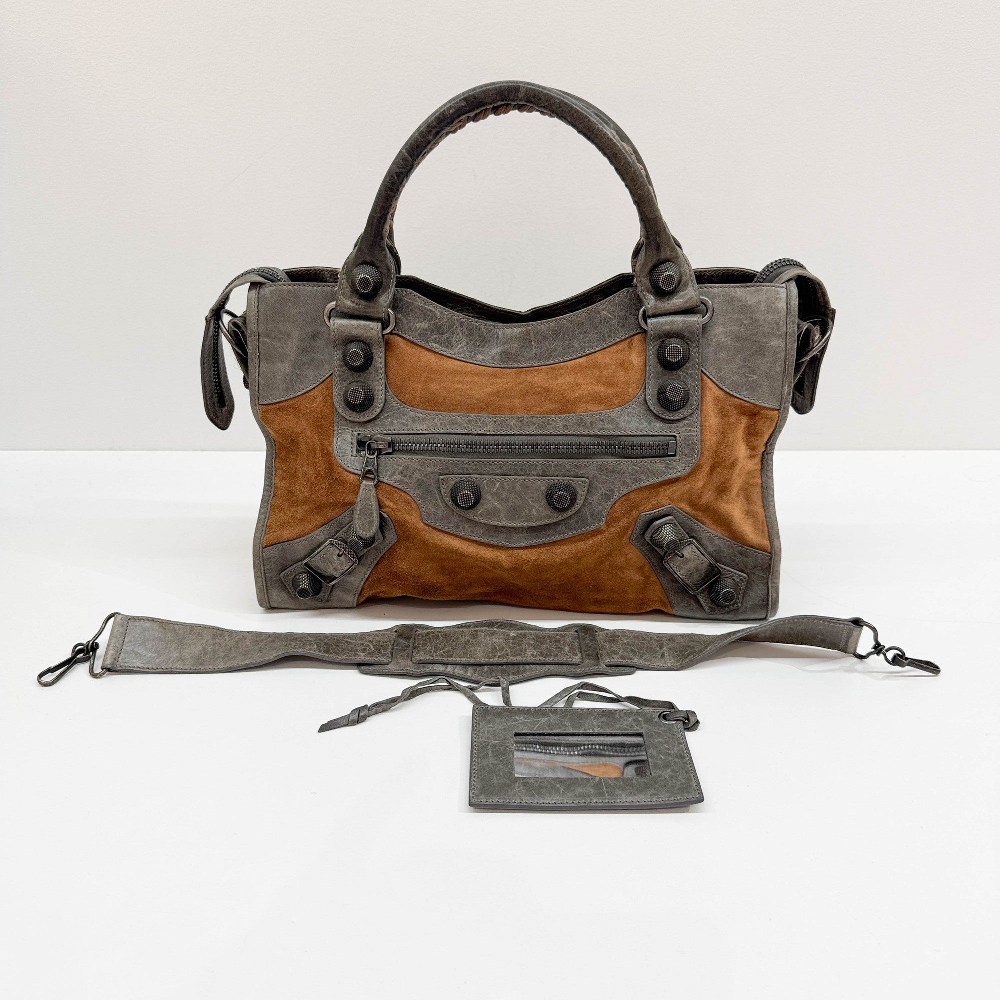 The City Brown Suede and Grey Leather Shoulder Bag