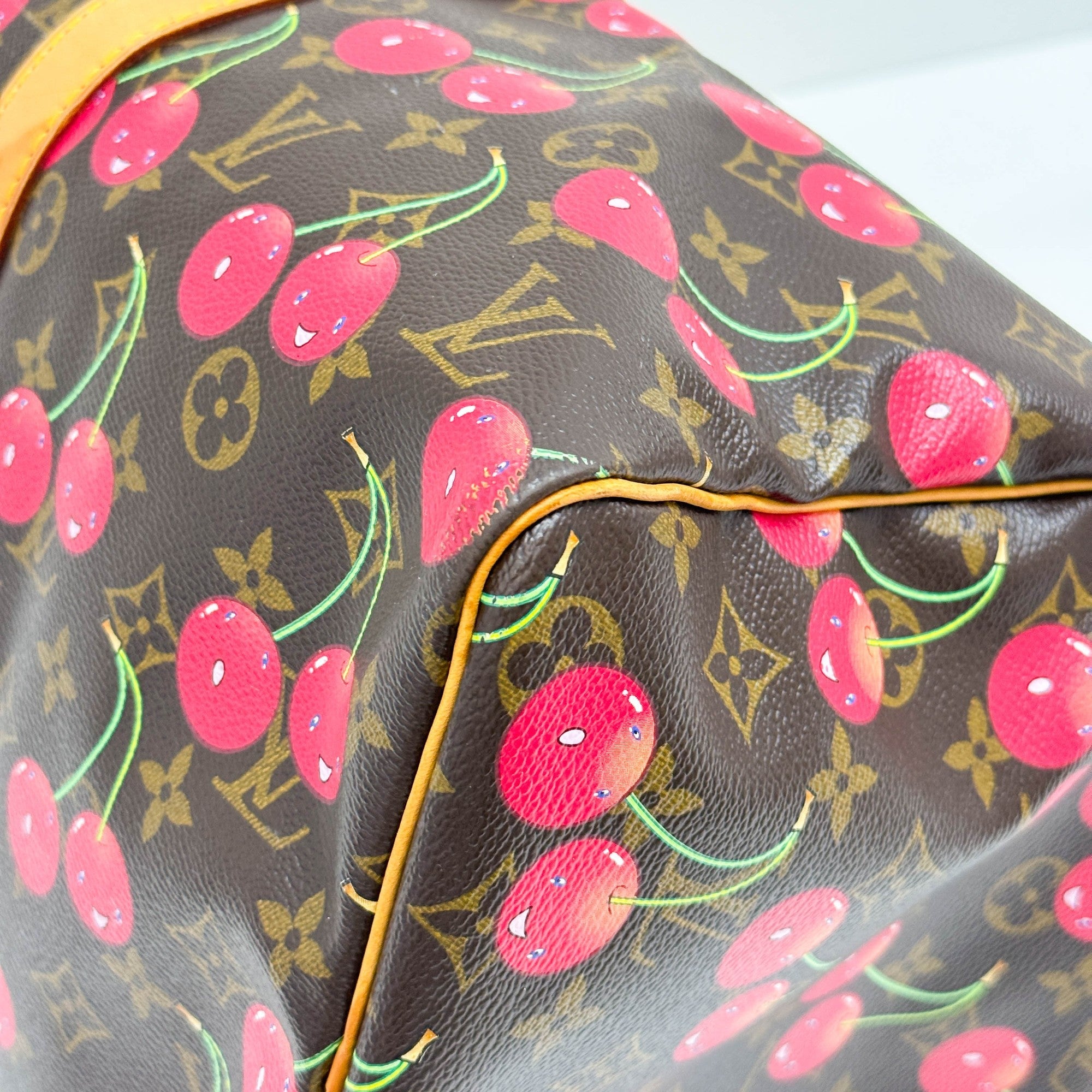 LV x TM Keepall 45 Holdall Brown Monogram and Cherry Print Handle Bag
