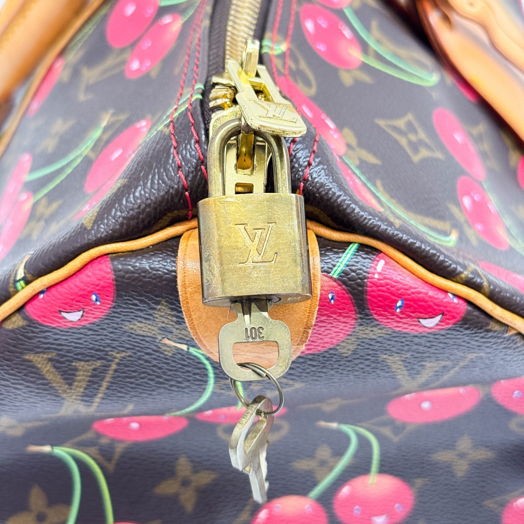 LV x TM Keepall 45 Holdall Brown Monogram and Cherry Print Handle Bag
