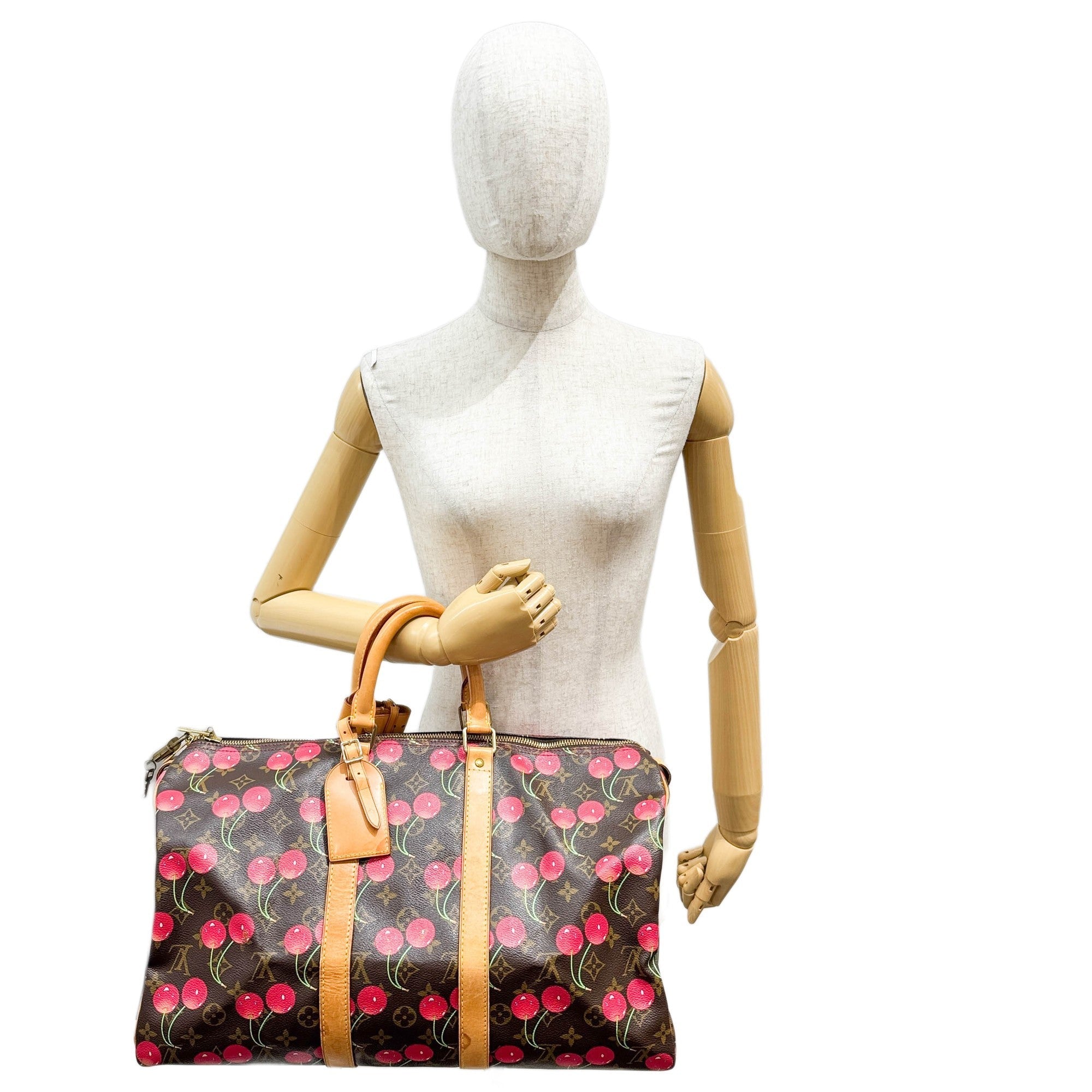 LV x TM Keepall 45 Holdall Brown Monogram and Cherry Print Handle Bag
