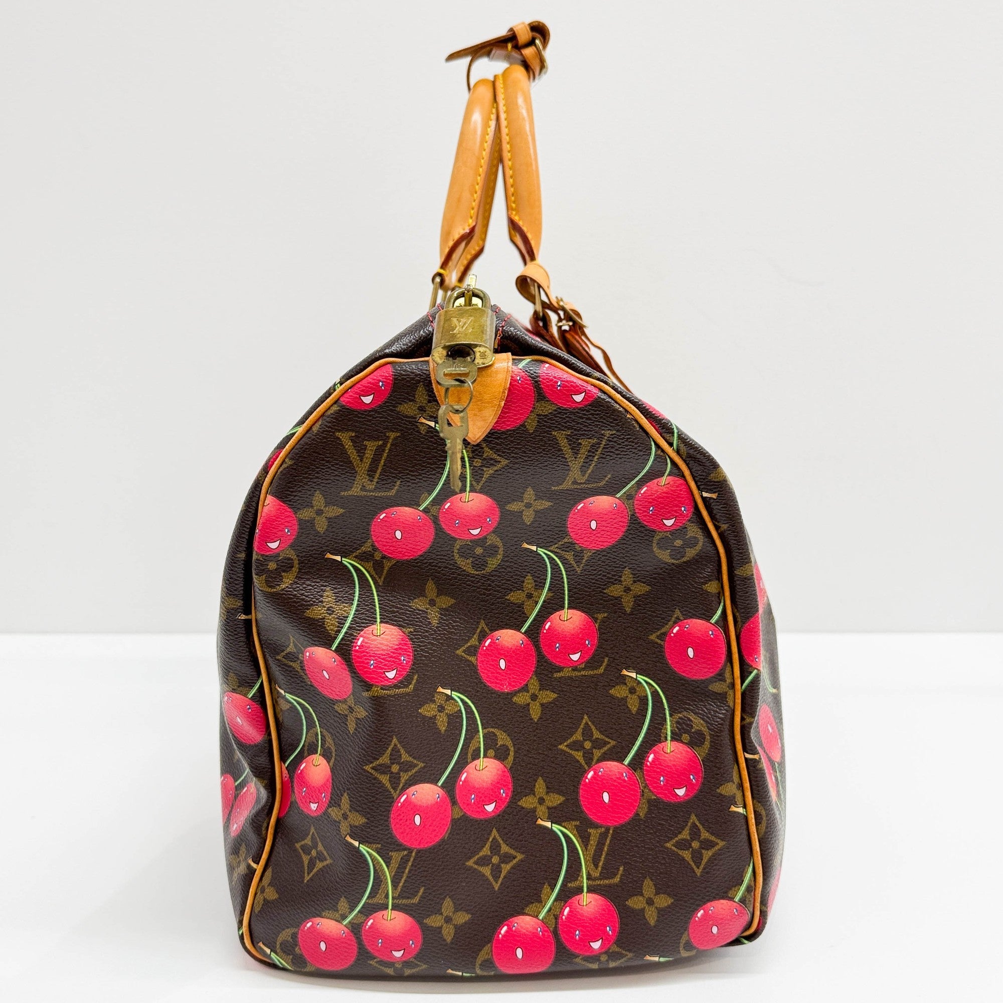 LV x TM Keepall 45 Holdall Brown Monogram and Cherry Print Handle Bag