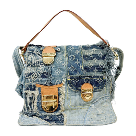 Posty Patchwork Blue Monogram Denim Two Way Messenger Bag