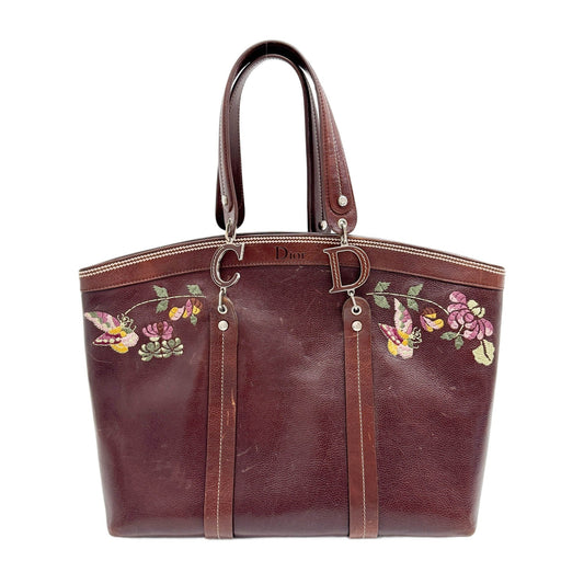 Butterfly Embroidered Brown Leather Shoulder Tote Bag