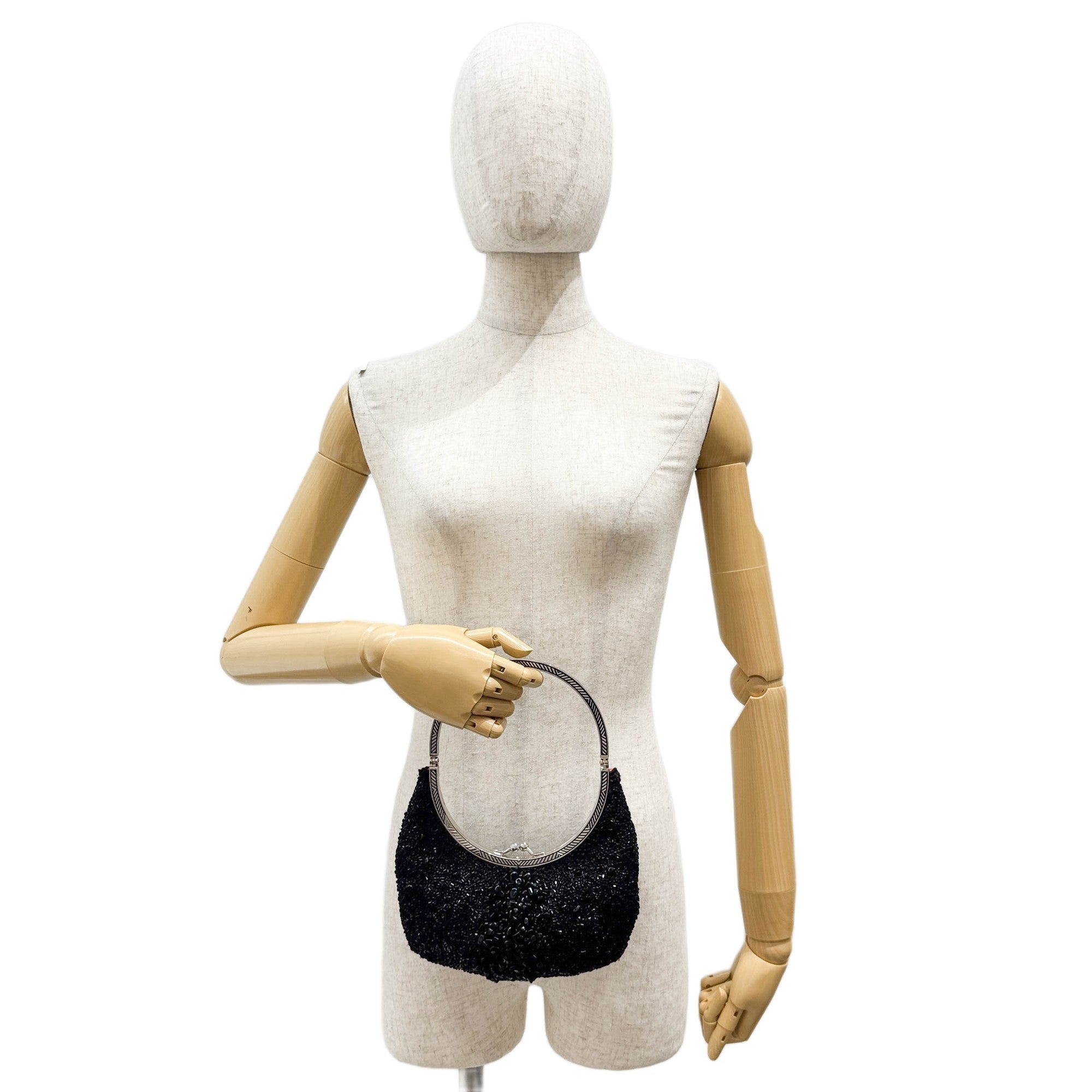 Black Beads with Silver Metal Handle Bag