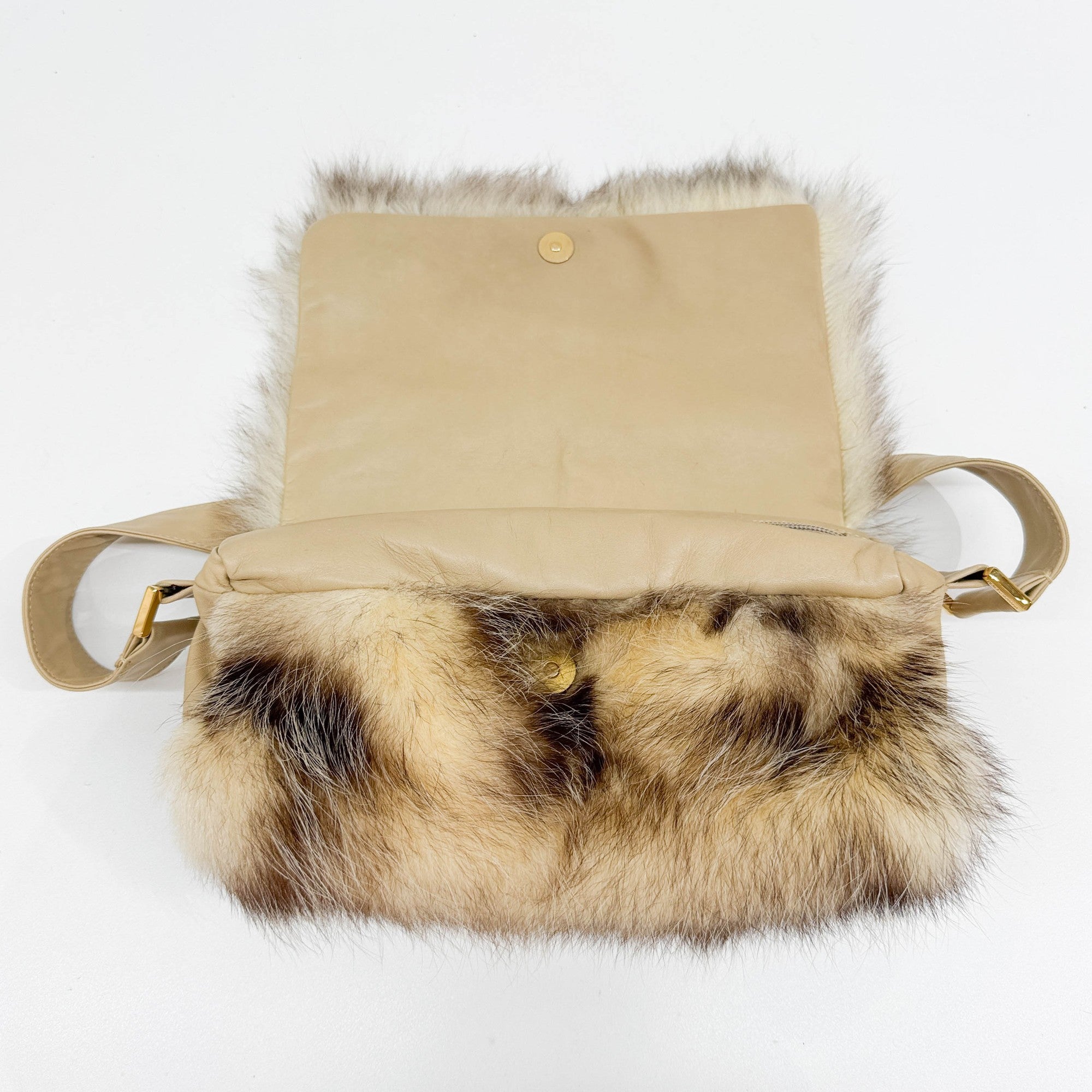 Beige Fur with Leather Strap Shoulder Bag