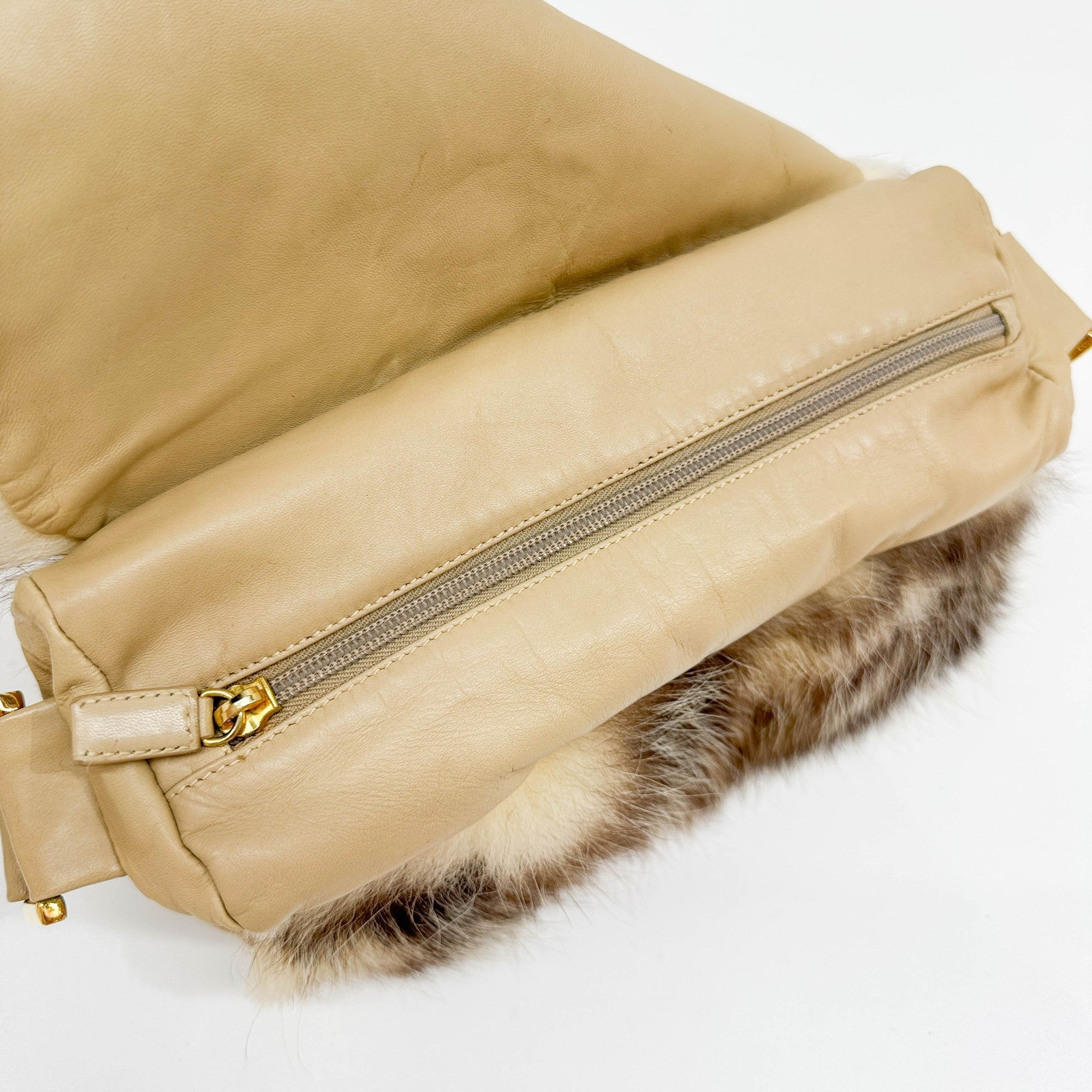 Beige Fur with Leather Strap Shoulder Bag