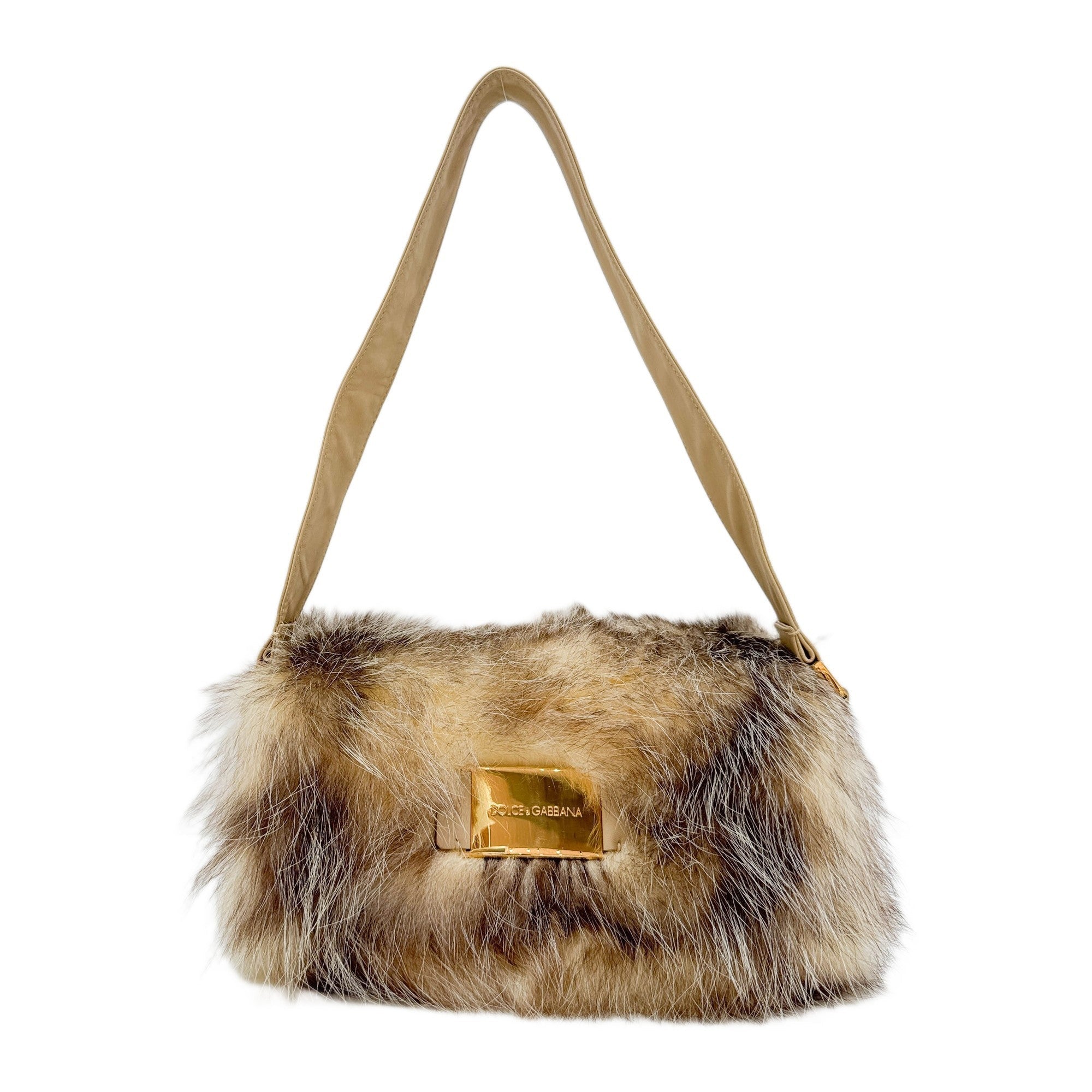 Beige Fur with Leather Strap Shoulder Bag